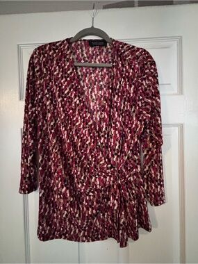 Evan Picone Berry and Cream Geometric Wrap Tunic